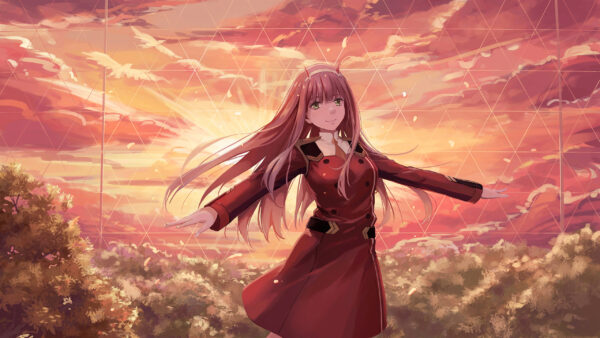 Wallpaper Desktop, Hiro, And, Two, Dress, Red, Sky, Sunrise, With, Background, The, Zero, Anime, Darling, FranXX