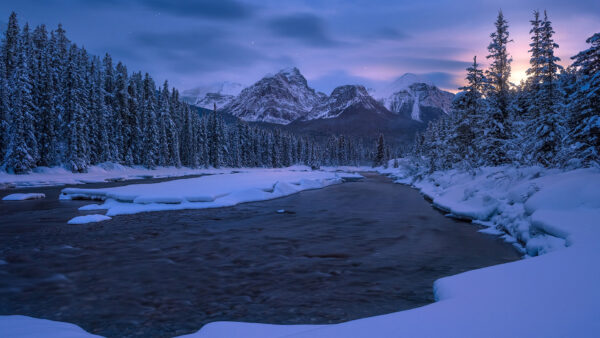 Wallpaper Covered, Mountain, Alberta, Winter, Rockies, With, Canadian, Snow, During, Desktop, River, Nature
