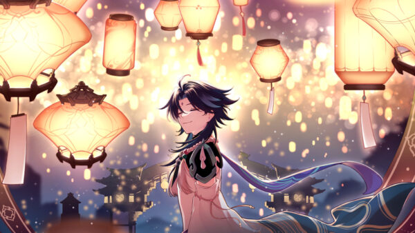 Wallpaper Genshin, Lights, Xiao, Background, Impact, Glittering