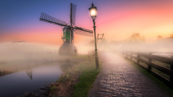 Wallpaper Near, Reflection, Nature, With, Covered, Body, Light, Water, Street, Windmill, Fog