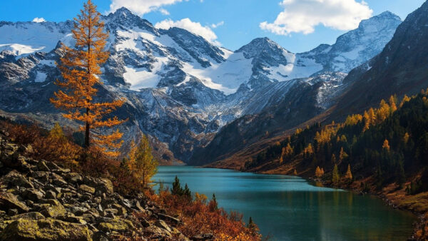 Wallpaper River, View, Mountains, Nature, Covered, And, Between, Snow, Landscape