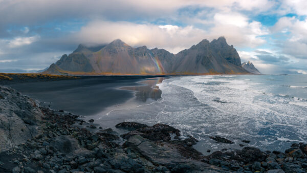 Wallpaper Clouds, White, Ocean, Black, Sky, Mountains, Mobile, Waves, Sand, Desktop, Background, Landscape, View, Blue, Rock, Nature