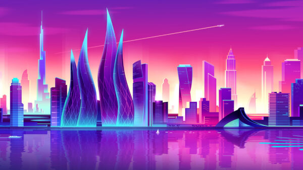 Wallpaper Architectures, Digital, Vaporwave, Skyscrapers, Buildings, Art, Desktop, Dubai