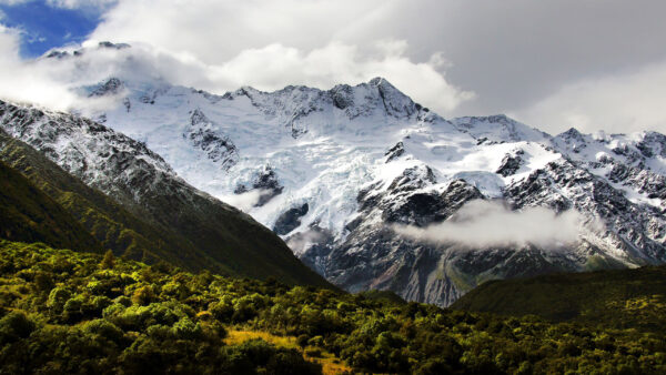 Wallpaper Snow, Cloudy, Mountain, Under, Covered, And, Sky, Desktop, Nature, White, Slope, Trees