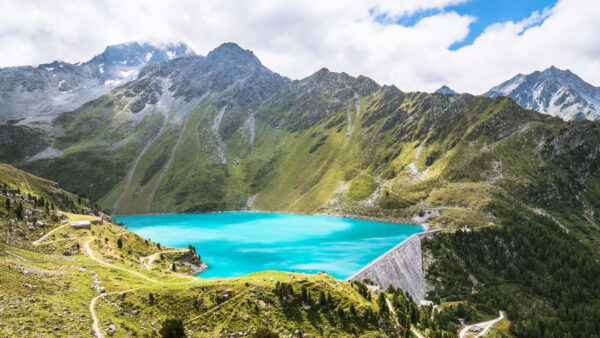 Wallpaper Mountains, Greenery, Sky, Clouds, Desktop, Background, Lake, White, Surrounded, Blue, Mobile, Nature, Slope