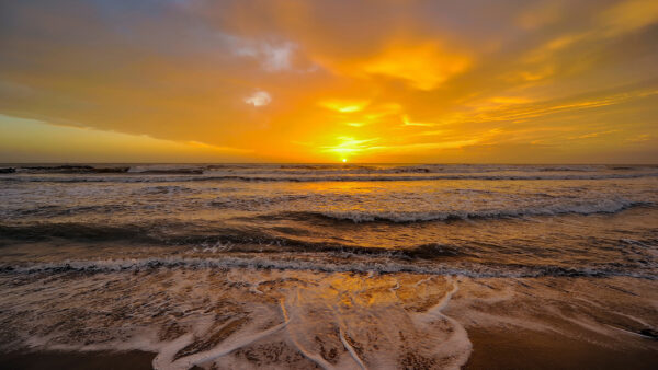 Wallpaper Clouds, Waves, Nature, During, Yellow, Silhouette, Sunrise, Sky, Ocean