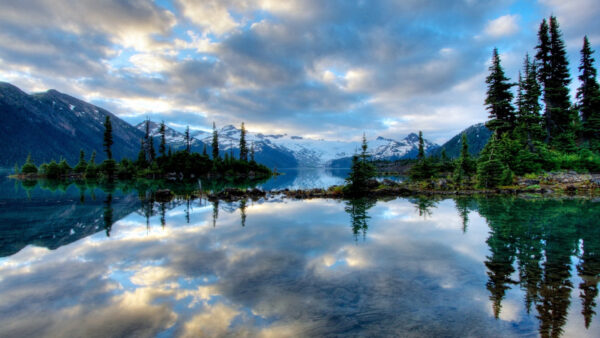 Wallpaper Sky, Calm, Blue, Body, Snow, View, Covered, Reflection, Mountains, Beautiful, Landscape, Water, Under, Cloudy, Desktop, With