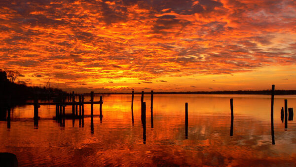 Wallpaper Port, Fire, Red, Clouds, Sunset, Lake, Nature, Sky, Reflection, Yellow