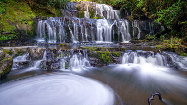 Wallpaper Covered, Green, Nature, Beautiful, Forest, Trees, Rocks, Surrounded, Waterfall