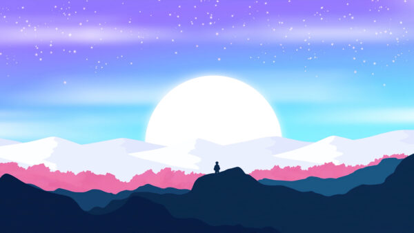 Wallpaper Moon, Mountains, Background, Sky, Artistic, View, Minimalist, Stars, Child, Landscape, Minimalism, Blue