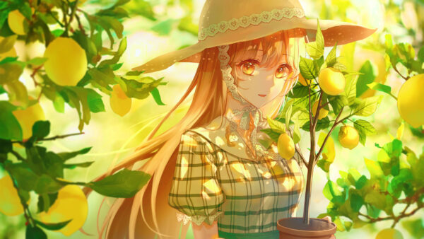 Wallpaper Eyes, White, Hat, Yellow, Green, And, Checked, Dress, Girl, Anime