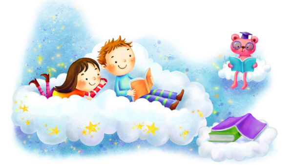 Wallpaper With, Books, Clouds, And, Girl, Boy, Kids