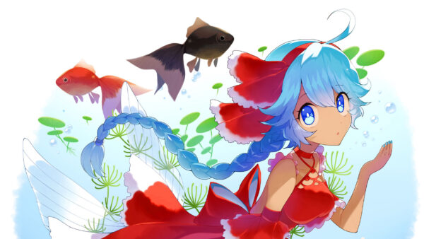 Wallpaper Eyes, Anime, Underwater, Fish, Girl, Hair, Blue