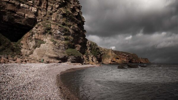 Wallpaper Nature, Sky, Black, Under, White, Ocean, Rocks, Pebbles, Cave, Clouds, Sea, Stones