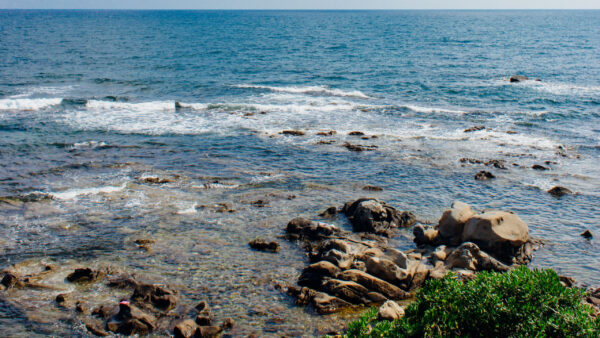 Wallpaper Background, Blue, Waves, Stones, Bushes, Nature, Ocean, Sky