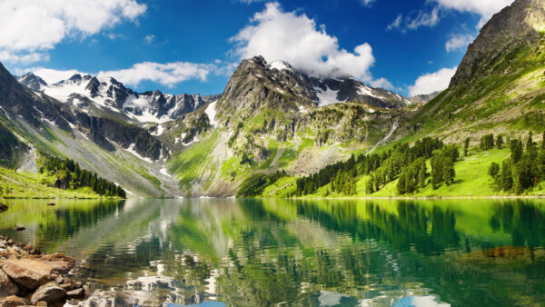 Wallpaper Mobile, River, Desktop, Mountain, Cloudy, Nature, Green, Sky, Under, White, Reflection