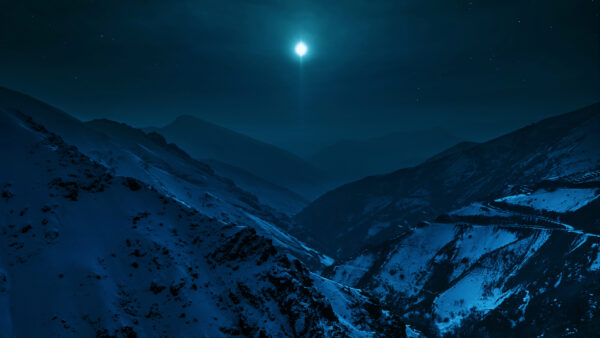 Wallpaper Desktop, Mountain, Nighttime, Sky, Snow, Covered, Moon, Background, Nature, And, Dark, During, With