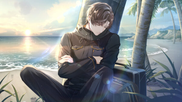 Wallpaper Sleeping, Tree, Leaning, Ocean, Boy, Background, Anime, Back