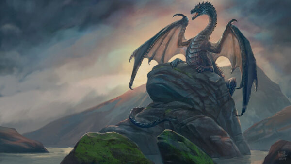 Wallpaper Dragon, Background, Sitting, Sky, Rock