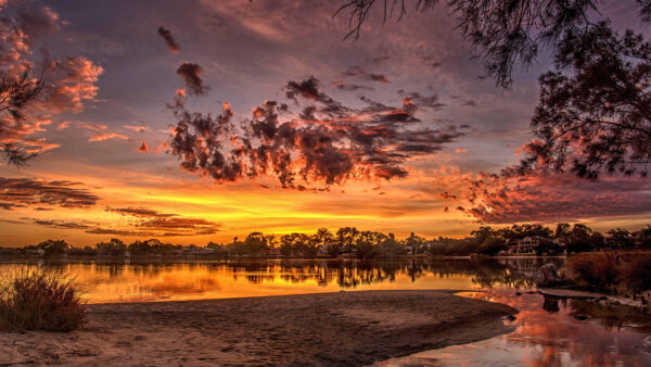 Wallpaper White, River, Mobile, Trees, Yellow, Reflection, Under, Nature, Sky, Clouds, Black, Sunset, Desktop, Beautiful