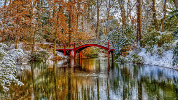 Wallpaper Bridge, Landscape, Above, Trees, Autumn, Water, Snow, Reflection, Surrounded, River, Covered, Nature, View