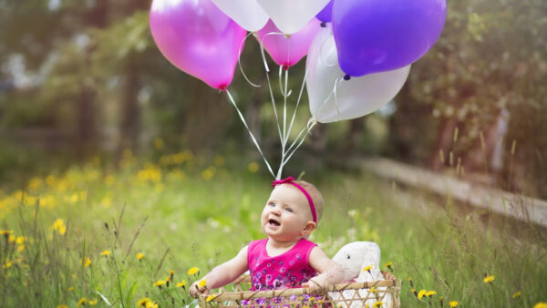 Wallpaper Cute, Grass, Desktop, Smiley, Pink, Baby, Inside, Bamboo, Basket, Wearing, Sitting, Green, With, Dress, Balloons