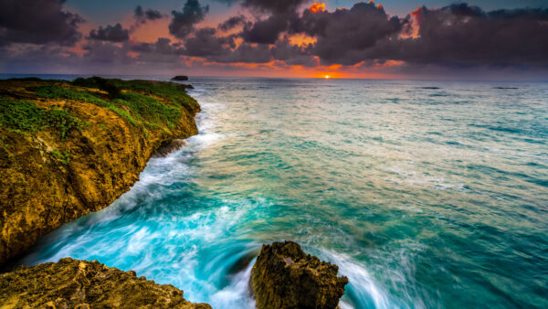 Wallpaper During, Greenery, Sky, Black, Clouds, Mountain, Ocean, Under, Nature, Blue, Sunset, Waves