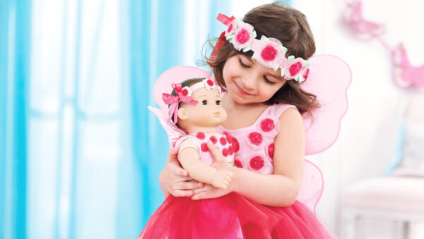 Wallpaper Girl, Cute, Little, Dress, With, Wearing, Holding, Pink, Wings, And, Flowers, Hands, Headband, Doll