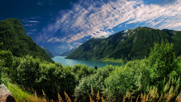 Wallpaper Trees, Blue, Clouds, Beautiful, River, Greenery, Bushes, White, Scenery, Under, Sky, Nature, Mountains