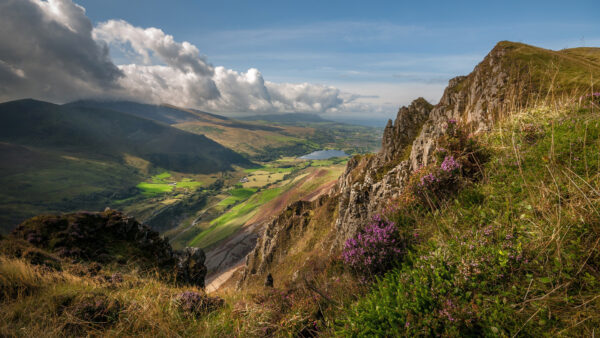 Wallpaper Purple, Village, Rocks, Under, White, Lake, Blue, View, Aerial, Clouds, Nature, Sky, Slope, Flowers, Mountains