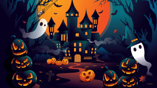 Wallpaper Ghost, Bats, Horror, Halloween, House, Cute, Pumpkins