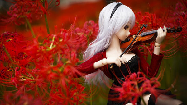 Wallpaper Doll, Wearing, Cute, Hair, Guitar, With, Red, Black, White, Dress