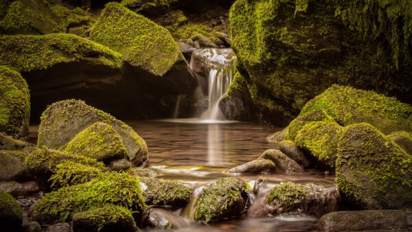 Wallpaper Landscape, Waterfall, Algae, Stones, Between, Nature, Covered, Rocks, View