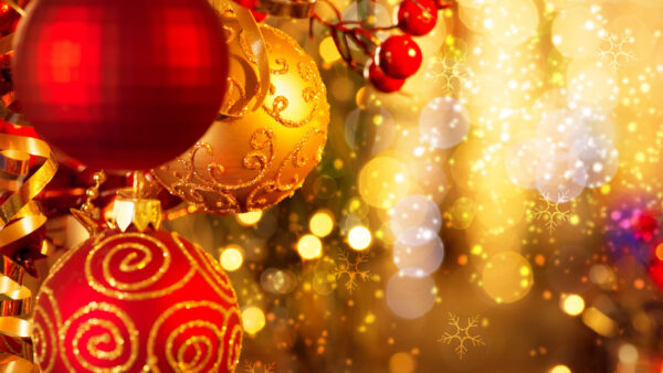 Wallpaper Red, Lights, Bokeh, Christmas, Background, Golden, Balls, Glitter, Decoration