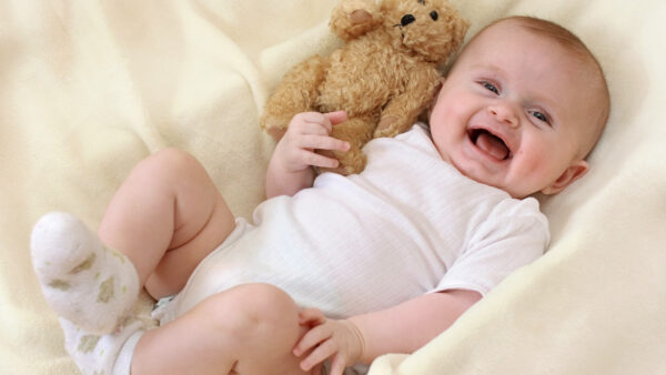 Wallpaper Smiling, Bear, Lying, Teddy, White, Cloth, Dress, Cute, Baby, Down, Toddler, With, Wearing