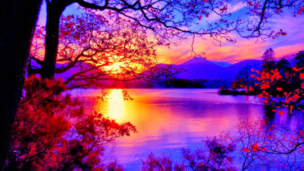 Wallpaper Sunset, Reflection, Body, Calm, Mountains, Between, Nature, With, Snow, Purple, Sky, Desktop, Covered, Water, Under