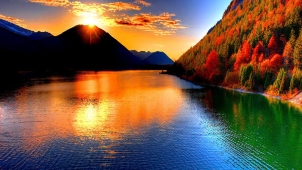 Wallpaper Trees, Mountain, Between, Covered, Red, Sunrays, Green, Desktop, And, During, River, White, Nature