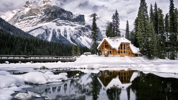 Wallpaper Reflection, Covered, Desktop, House, Snow, Mobile, Lake, Landscape, Mountains, Forest, Nature, Wood, Trees, View