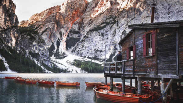 Wallpaper Boat, Snow, Alps, Mountain, Dolomites, Lake, Landscape, Desktop, Covered, Travel