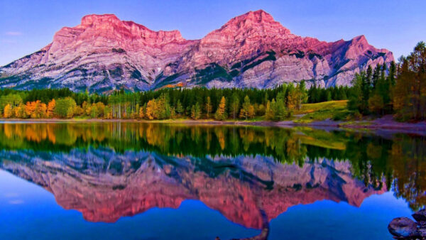 Wallpaper Red, Covered, Mountain, Canada, Reflection, With, Water