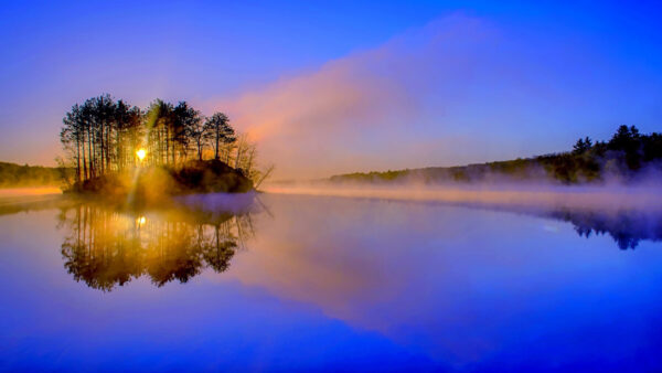 Wallpaper During, Sunset, Water, Blue, Covered, Sky, River, Under, Reflection, Trees, Fog, View, Landscape