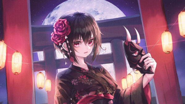 Wallpaper Pink, Katana, Anime, Girl, Mask, Flowers, Kimono