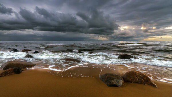 Wallpaper Rock, Under, Black, Cloudy, Nature, Storm, Horizon, Sea, Sky