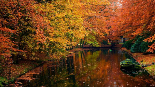 Wallpaper Water, Trees, Leaves, Red, Green, Yellow, Between, Boat, Lake, Autumn, Reflection, Fall