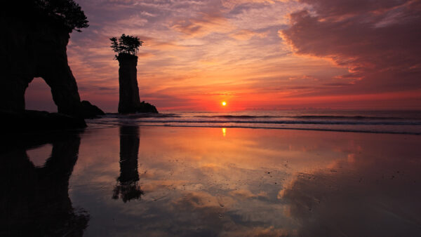 Wallpaper Beach, Ocean, Reflection, Water, Sunset, Sand, During, Rocks, Waves, Nature