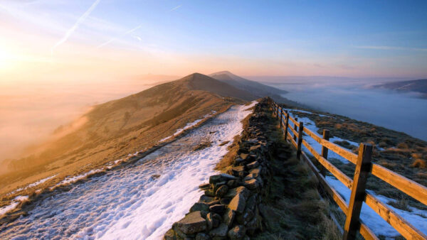 Wallpaper Mountain, Fence, Sky, Slope, Snow, Winter, Blue, Stones, Fog, Wood