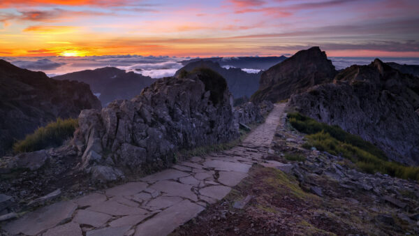 Wallpaper During, And, Path, Mountains, Grass, Nature, Stone, Sunset, Between, Field, Green, Rock
