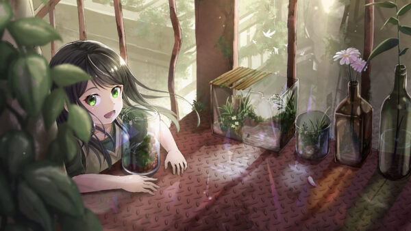 Wallpaper Anime, Green, Florarium, Eyes, Girl