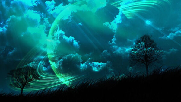 Wallpaper Sky, Trees, Background, Clouds, Moon, Grass, Teal