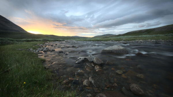 Wallpaper During, Grass, Field, Sky, Mountain, Clouds, Stones, River, Under, Nature, Desktop, Sunset, Mobile, Bushes